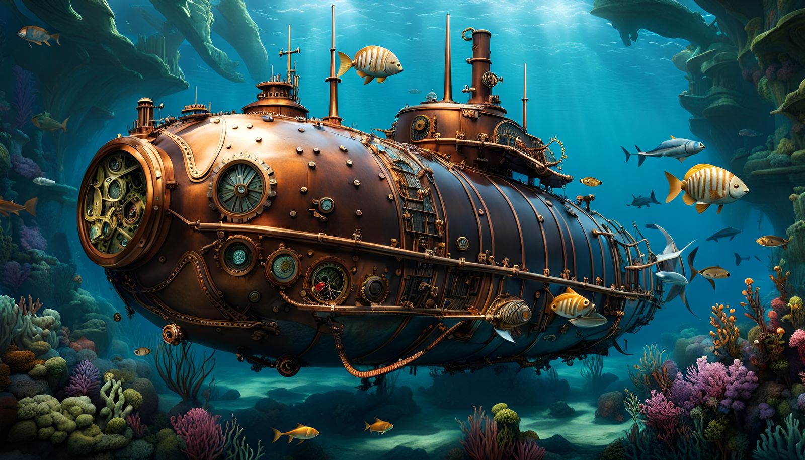 Steampunk Nautilus Submarine Adventure in the Deep Sea