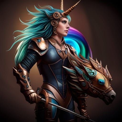 Steampunk Armored Unicorn with Rainbow