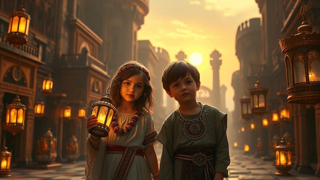 Ancient Children in Majestic, Atmospheric Scene of Wonder