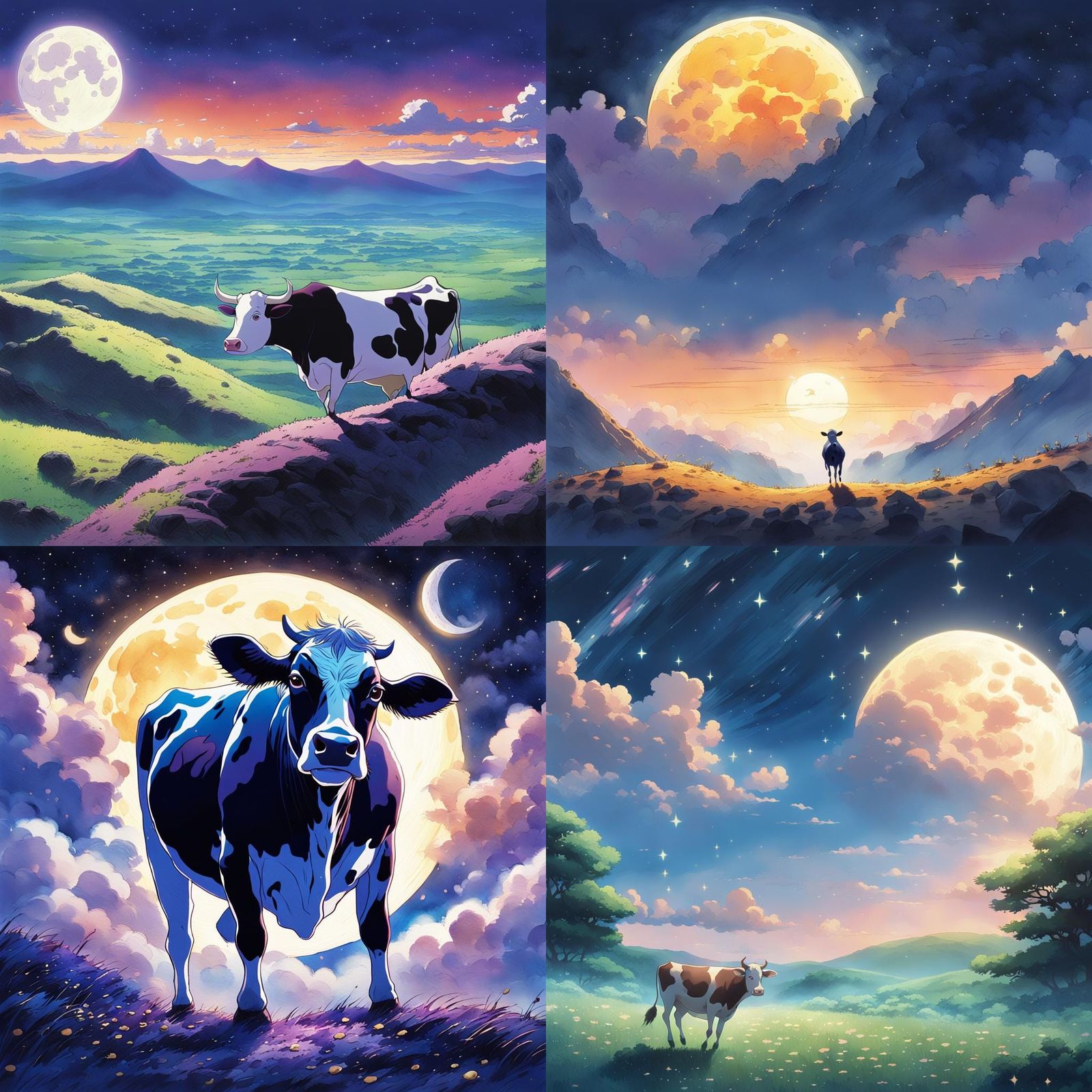 Cow Jumps Over Moon in Ghibli Anime Style
