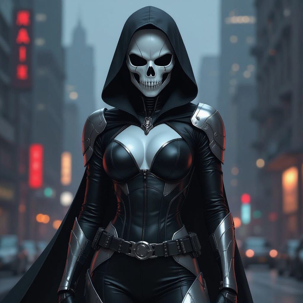 Female Superhero in Skull Mask in Noir Cityscape