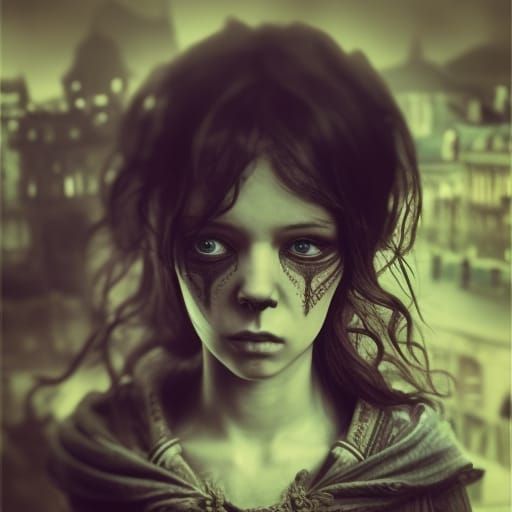 Black-Eyed Girl Portrait in Horror Style