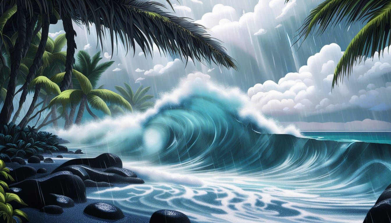 Vaporwave Hawaiian Beach with Stormy Forest