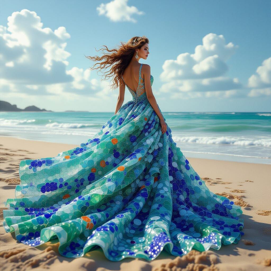 Haunting Portrait of Model in Swirling Sea Glass Dress