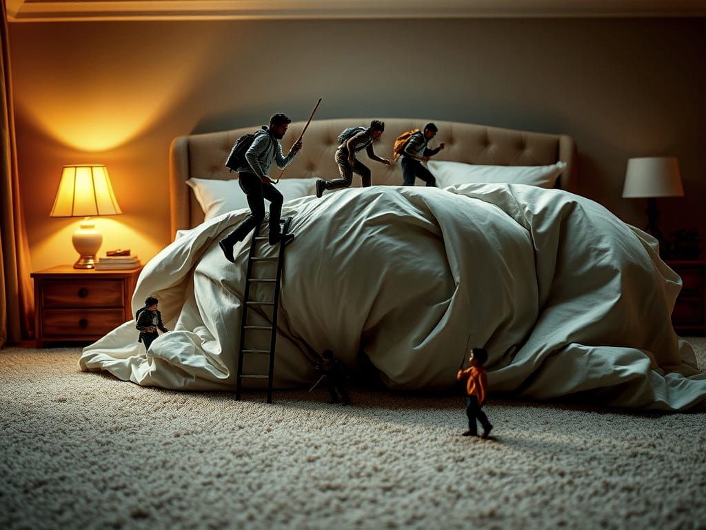 Micro People in Giant Bedroom: Photorealistic Digital Art