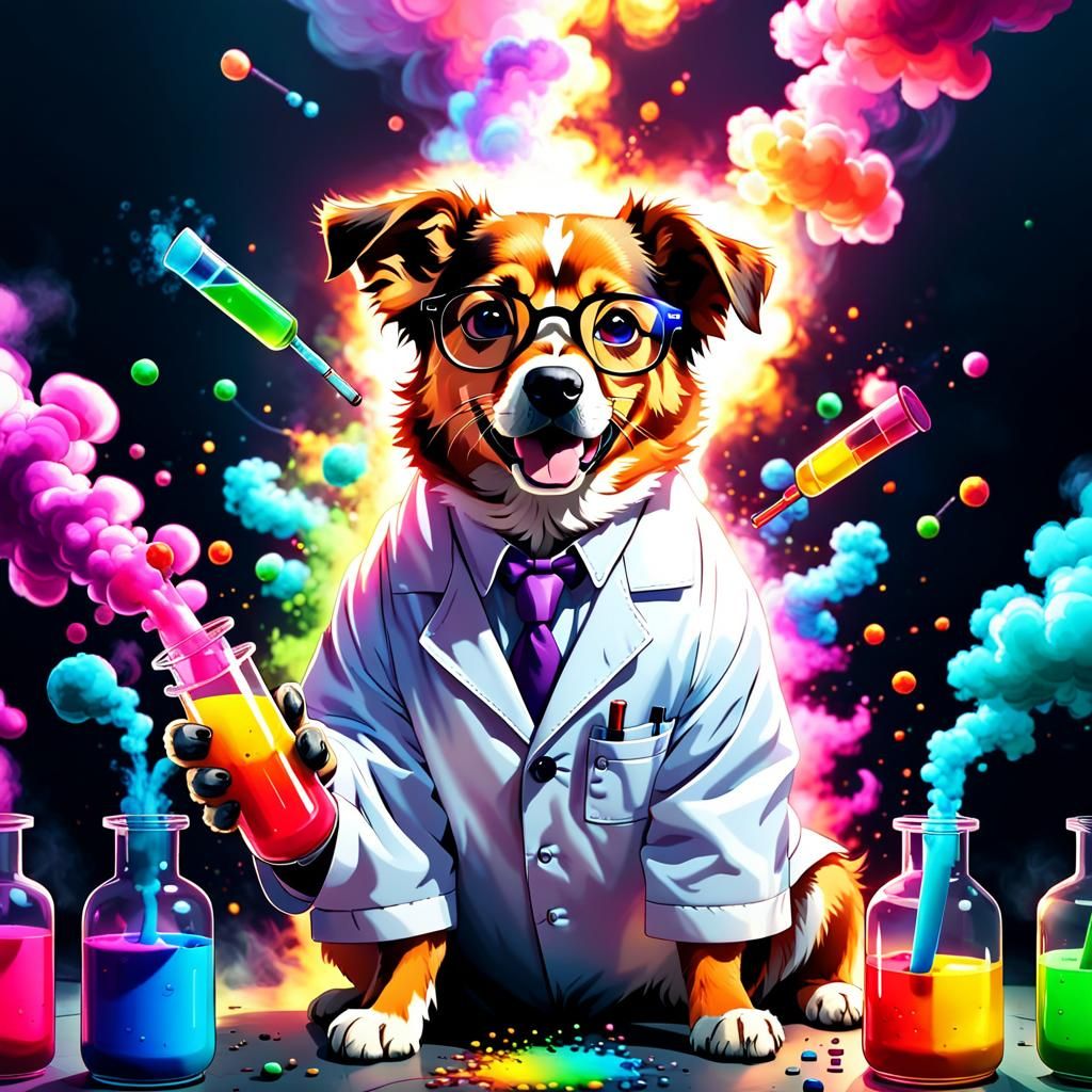 Mad Scientist Dog Mixing Chemicals in Anime Style