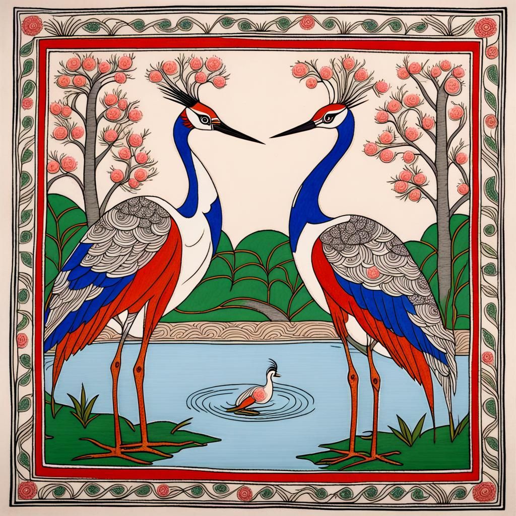 Madhubani Cranes in Pond, Han Gan Style