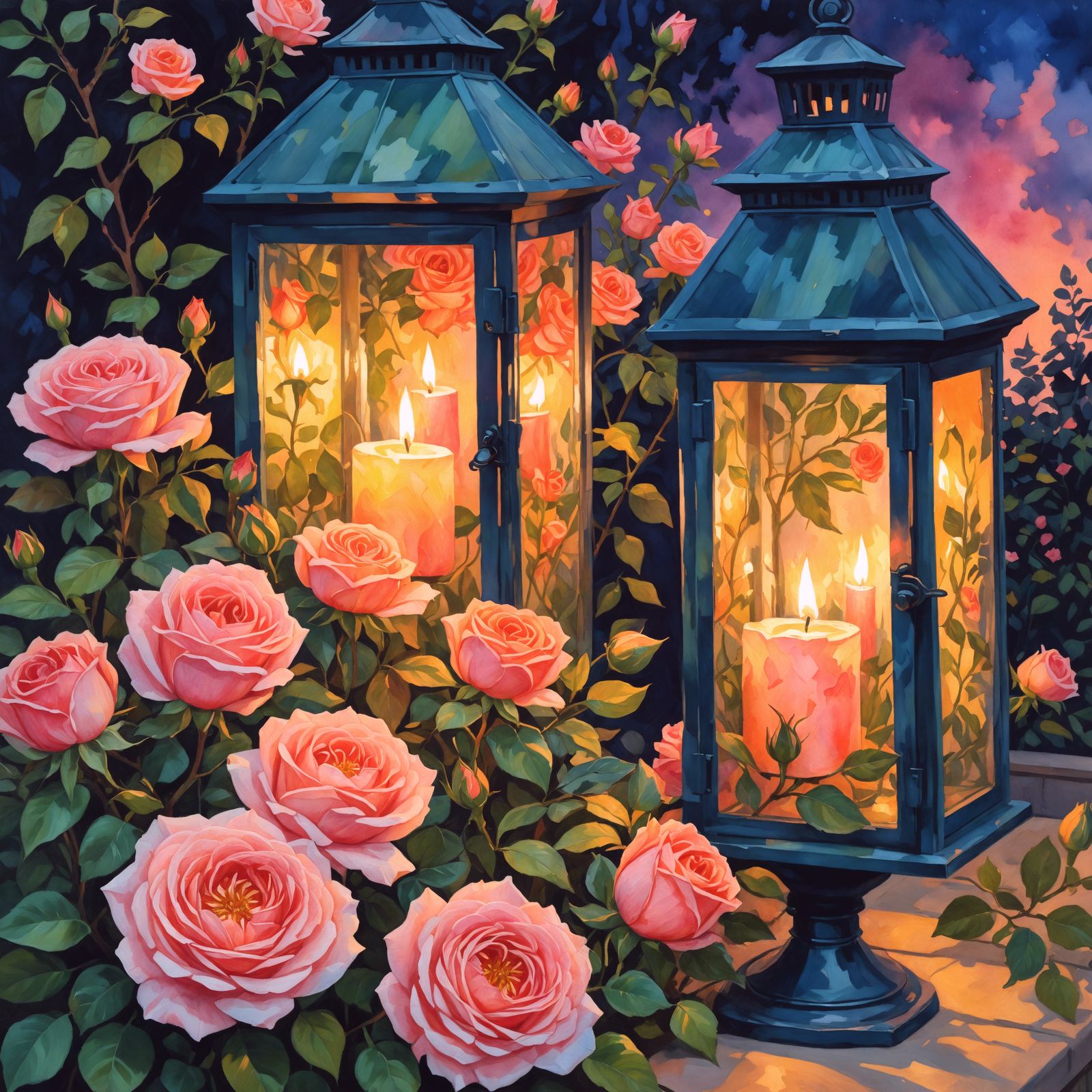 Blooming Night Garden in Impressionist Gouache Style