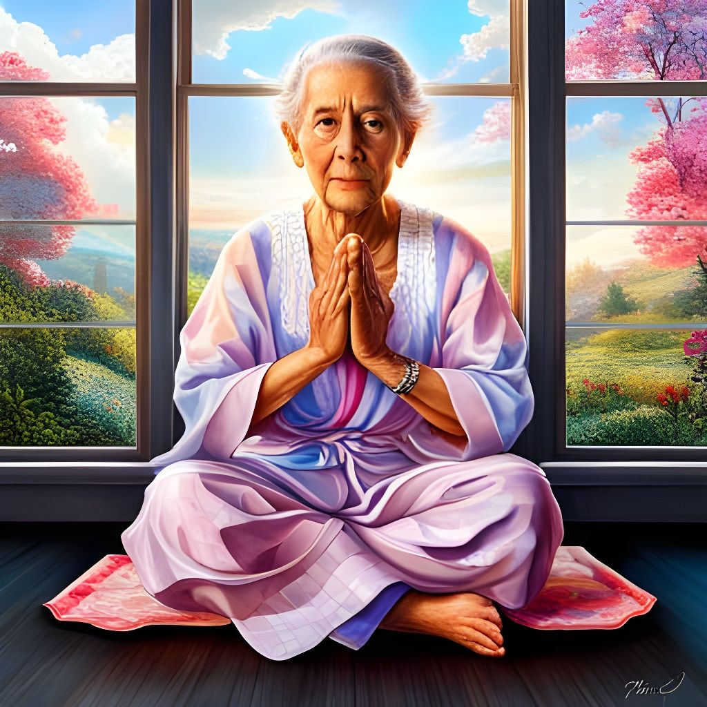 Meditating Elder Portrait with Scenic View