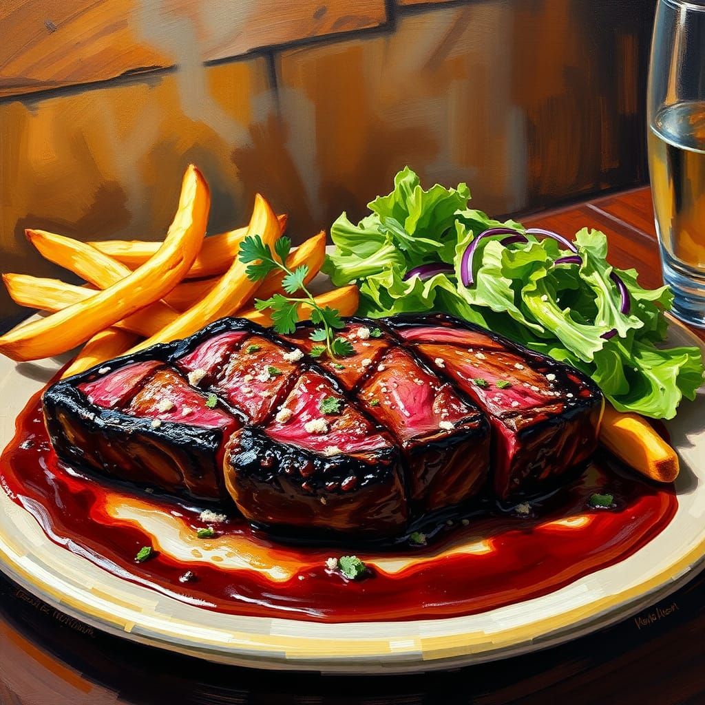 Steak Frites Still Life in Impressionist Style