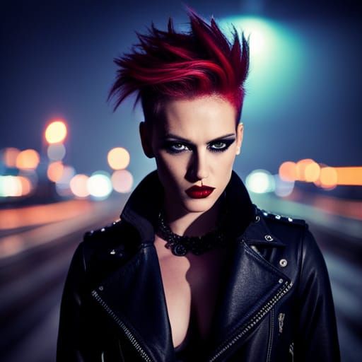 Punk Woman in Neon Cityscape, Digital Art