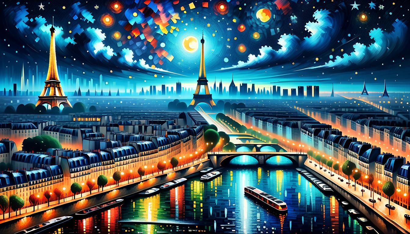 Paris Nightscape in Pointillism and Art Nouveau Style
