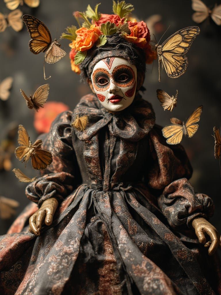 Dia de Los Muertos Woman with Flowers and Butterflies