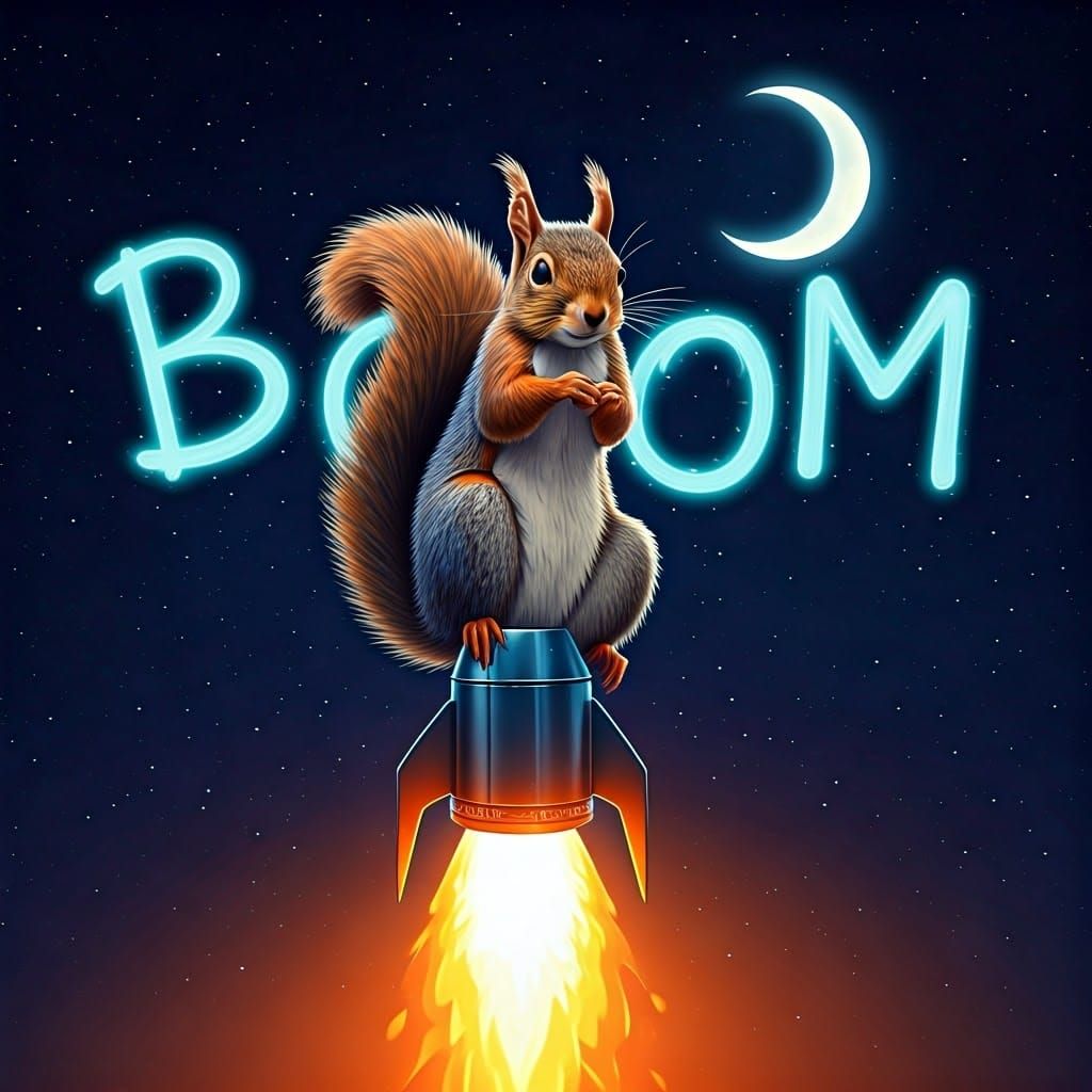 A squirrel lifting off in a rocket and the flames of the roc...