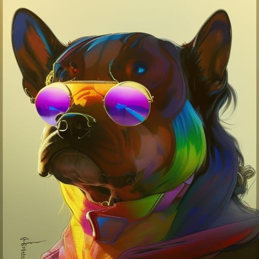 Rainbow Dog Portrait with Sunglasses, Detailed Digital Art