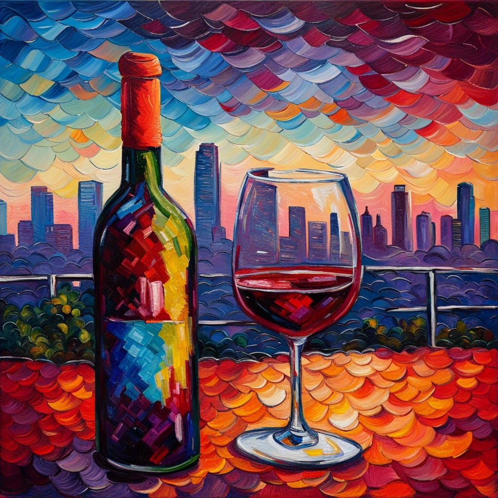 Los Angeles Skyline with Red Wine in Impasto Style
