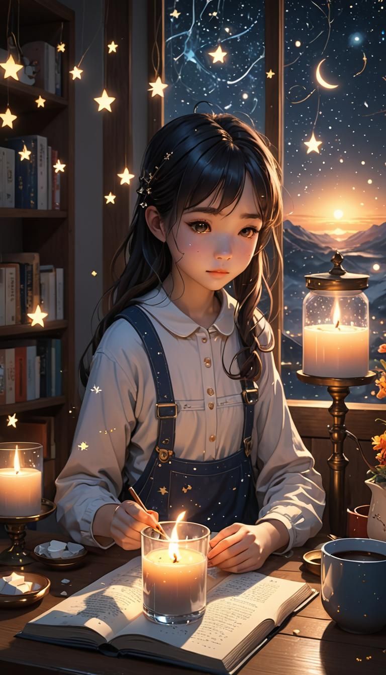 Girl Reads by Candlelight in Anime Style