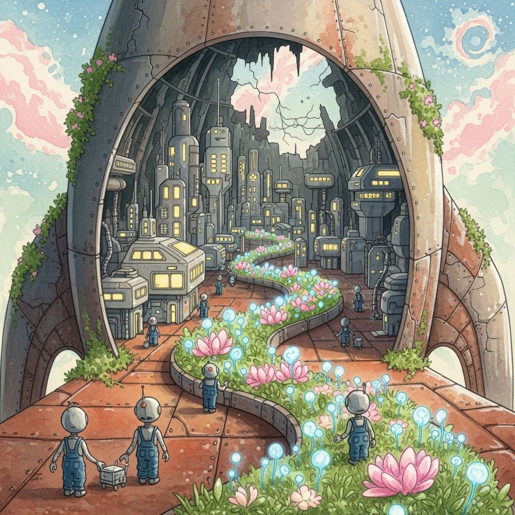 Miniature City in Rocket Ship, Watercolor Style