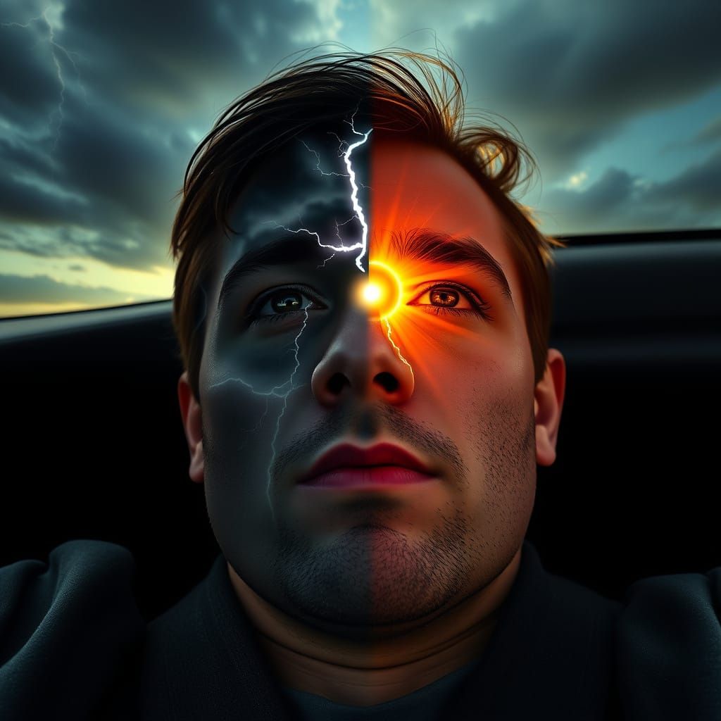 Driver Repairing Car Under Eclipse: Bright and Positive