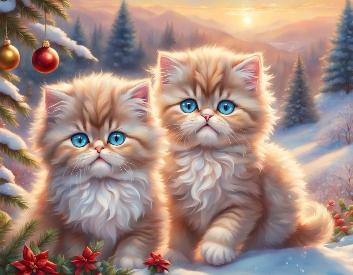 Christmas Kittens in Winter Garden, Digital Illustration