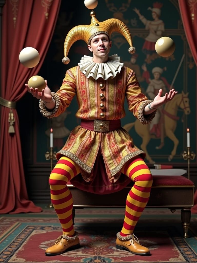 Medieval Jester in Opulent Throne Room