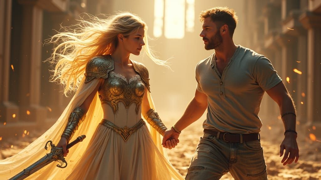 Celestial Warrior Battles Beside a Rugged Ally in a Hyper-Re...