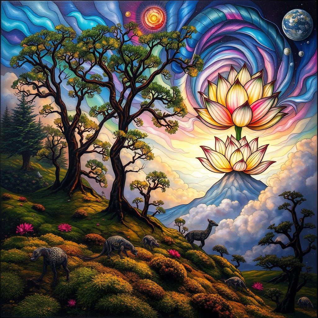 Stained Glass Forest Dreamscape in Ethereal Light