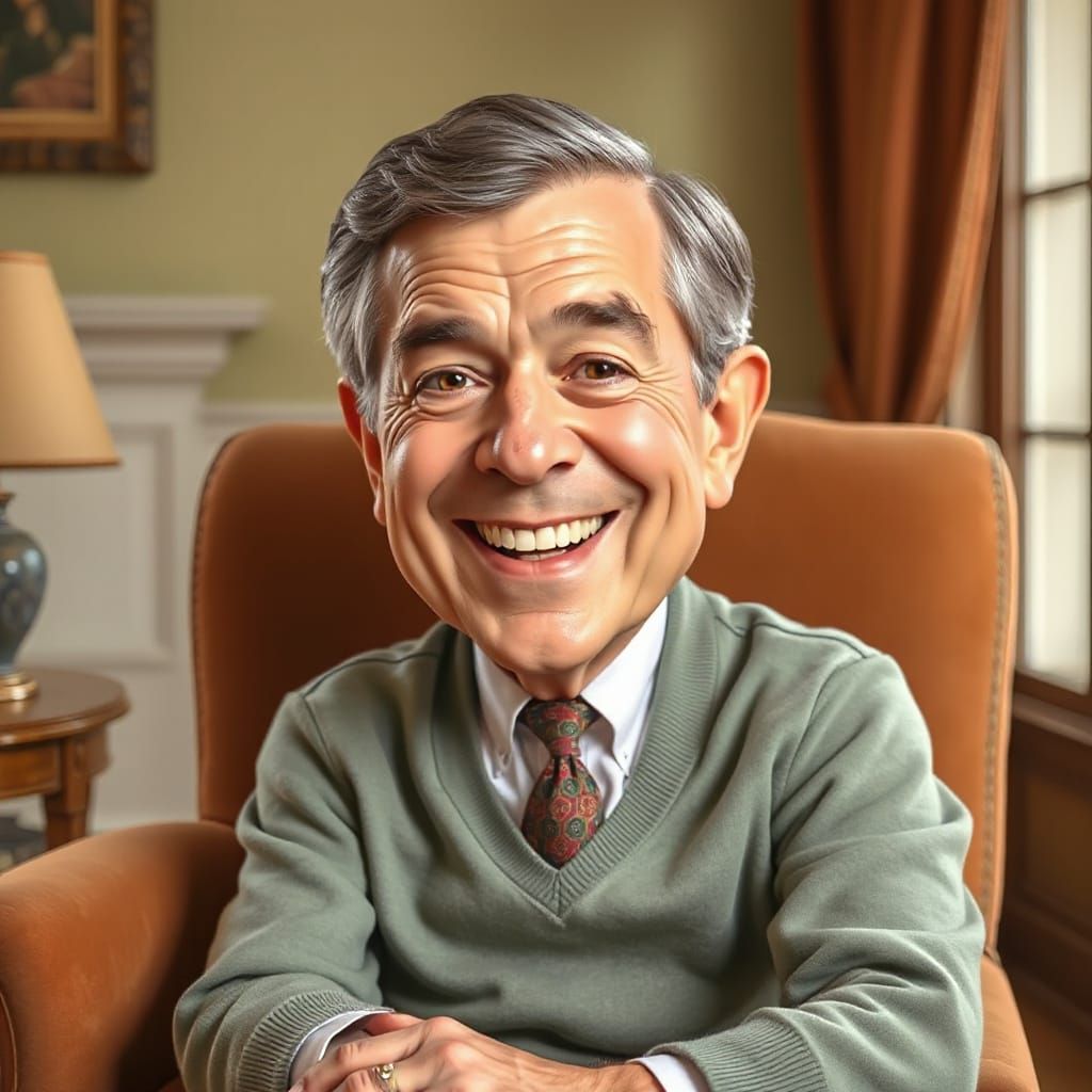 Mr Rogers Caricature Smiling in Armchair