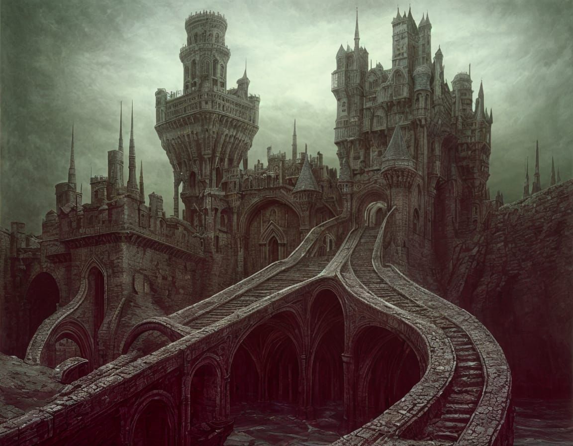 Surreal Castle Landscape with Twisted Forms and Figures