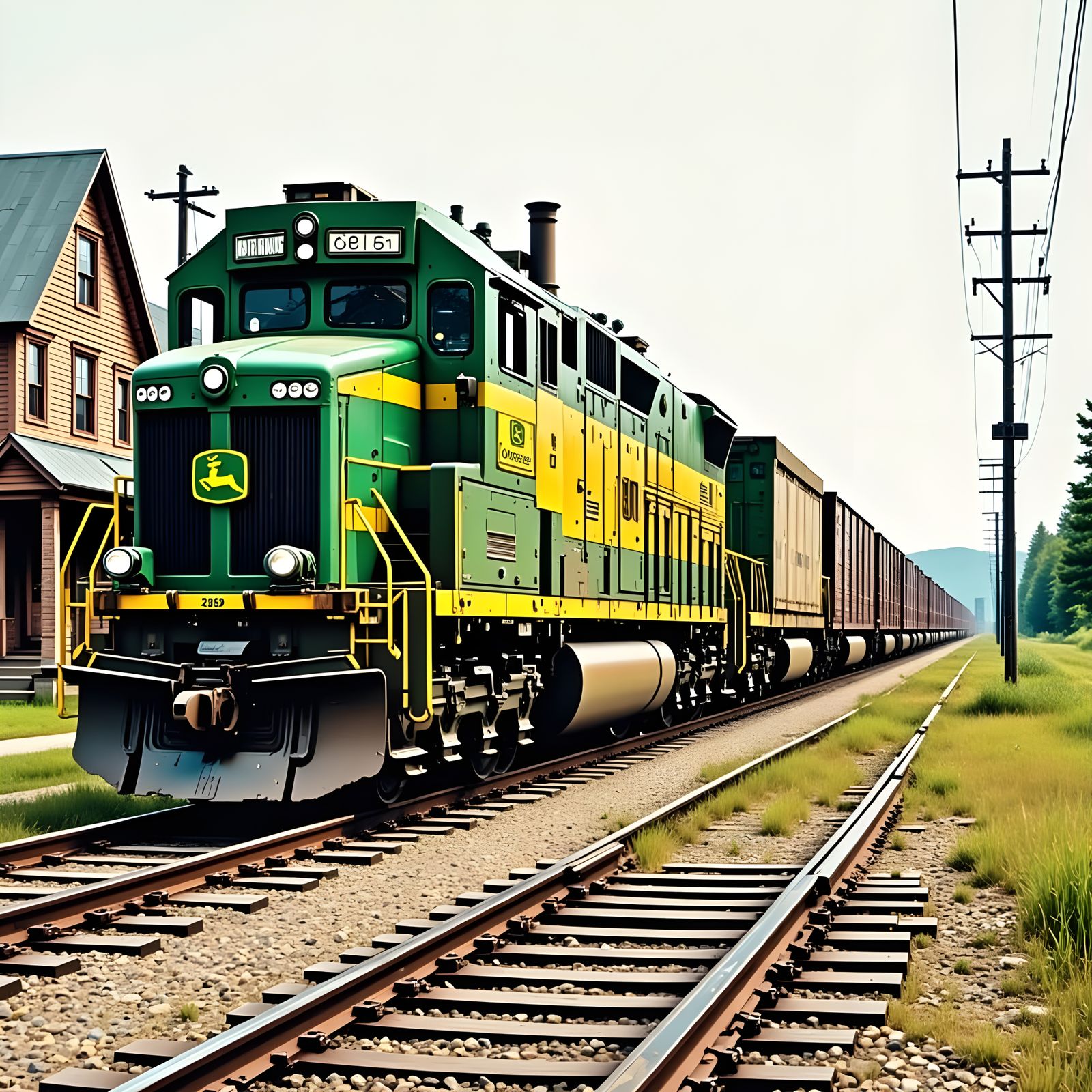 Rural Landscape with Freight Train and Vintage Storefronts