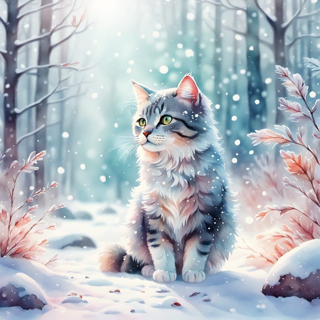 Cute Cat in Winter Forest in Watercolor Style