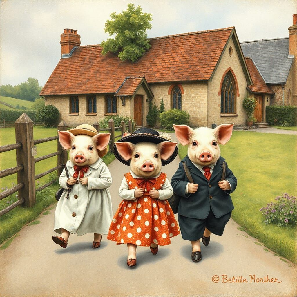 Pigs Headed to Church in Beatrix Potter Style