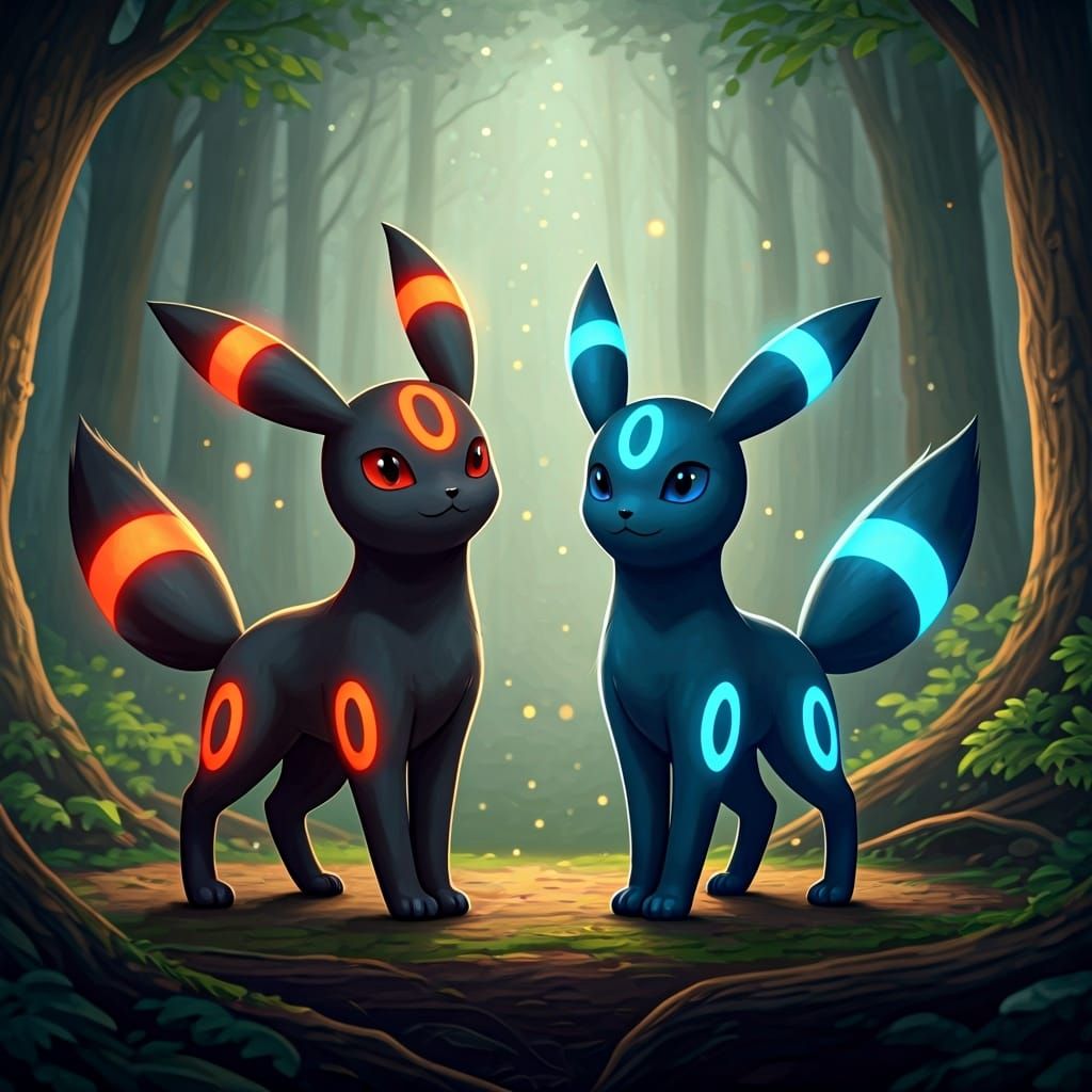 Umbreon Twins in Enchanted Forest, Digital Art