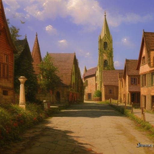 Gothic Village in Oil Painting Style