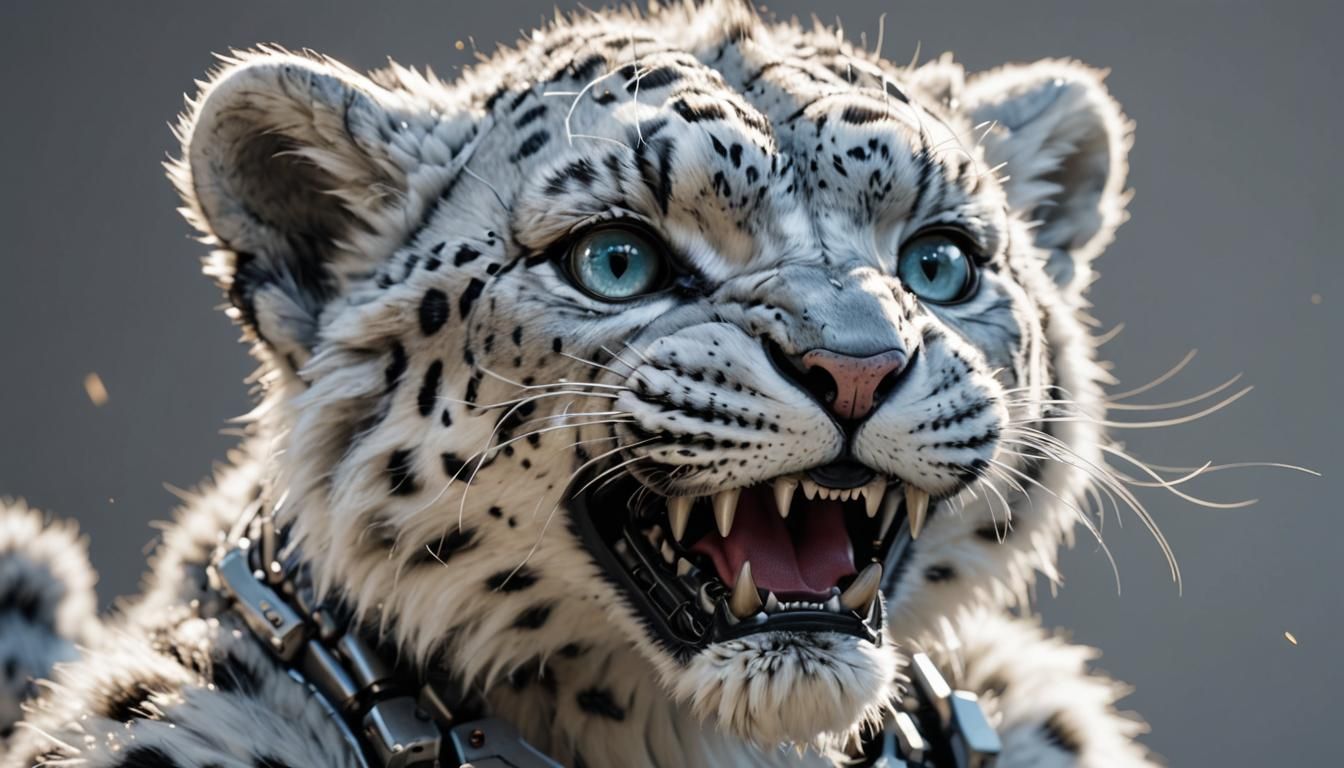 Angry Baby Snow Leopard Cyborg with Mech Details