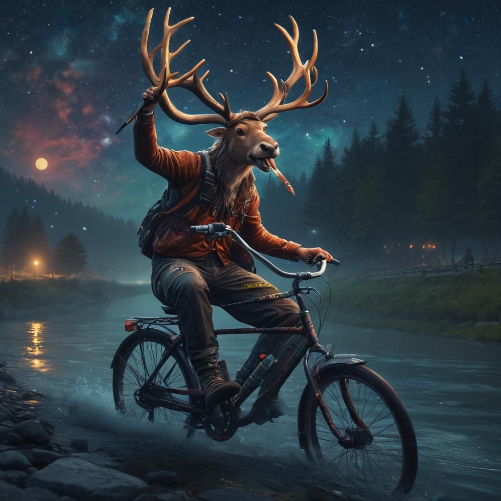 Night Cyclist with Antlers in Splash Art Style