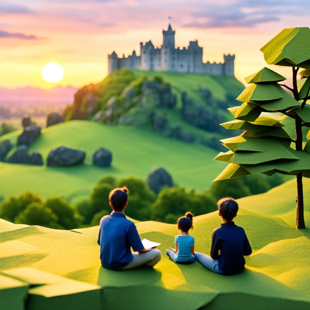 Sunset Castle View: An Origami Paper Landscape