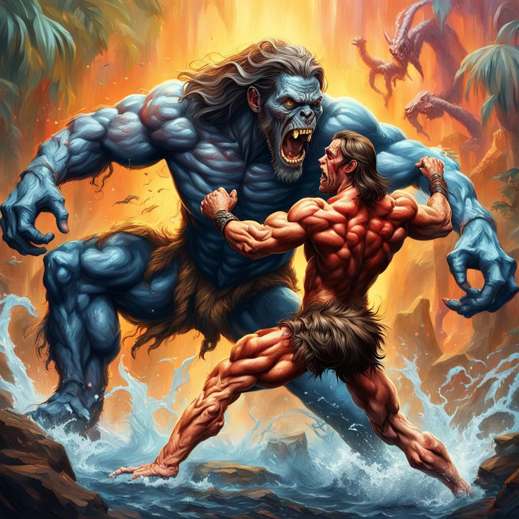 Tarzan Battles a Satanic Creature: Hyperrealistic Concept Ar...