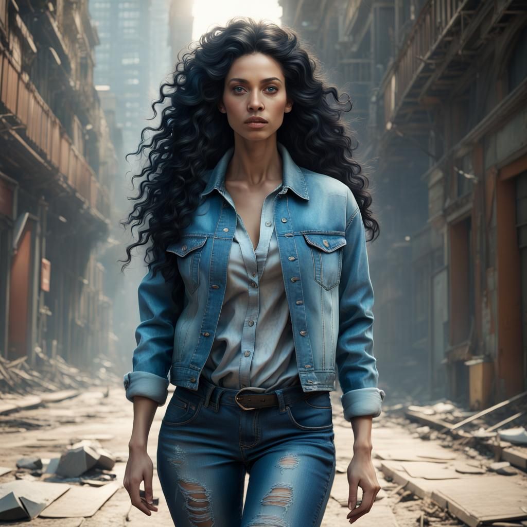 Woman with Blue-Sheen Hair in Detailed Matte Painting