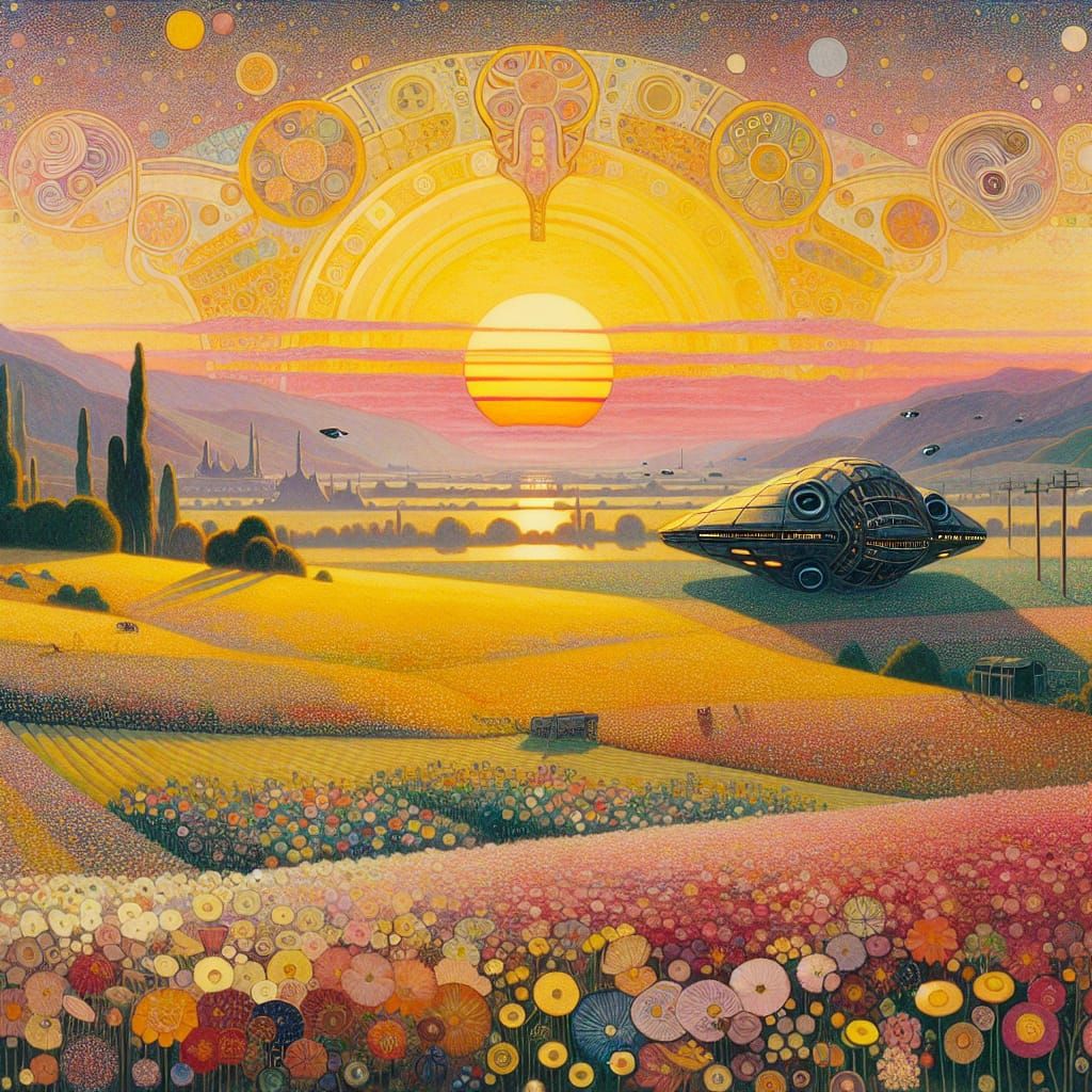 Spaceship in Flower Field: Art Nouveau Sunset