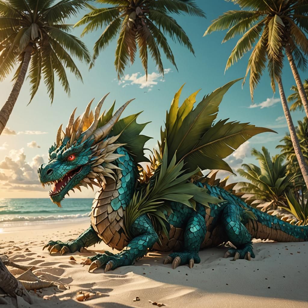 Palm Tree Dragon on Tropical Beach, Fantasy Art