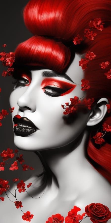 Floral Woman in Black and Red Splash Art