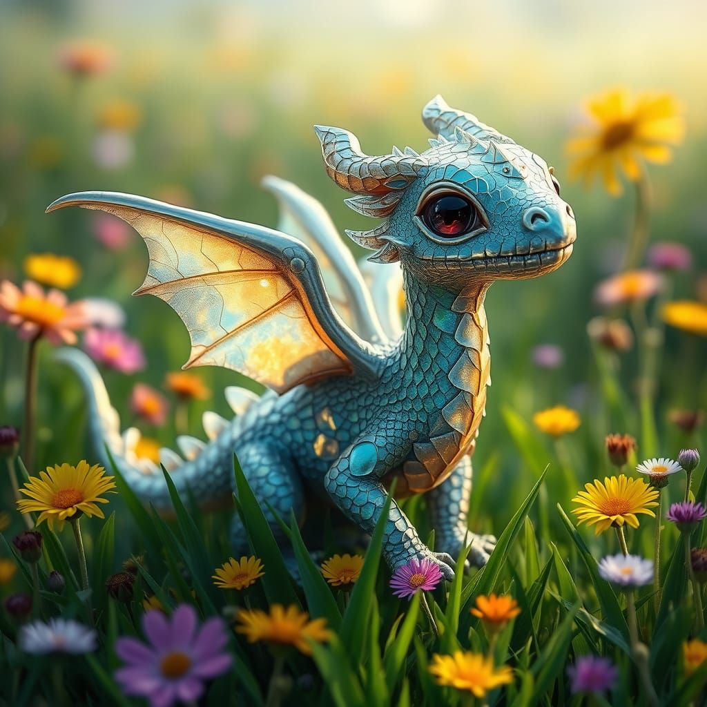 Realistic Cute Baby Dragon in a Lush Green Grassfield