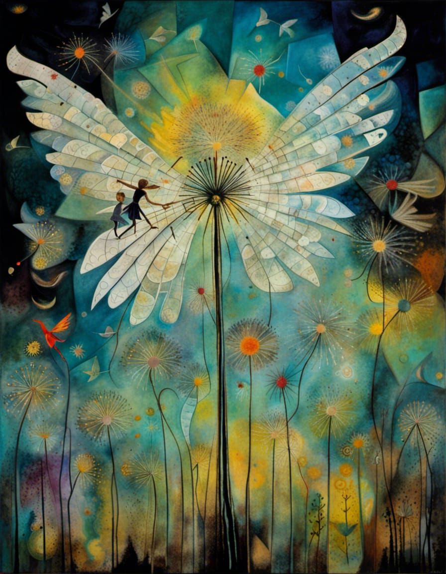 Fairies in Dandelion Dreamscape, Abstract Art