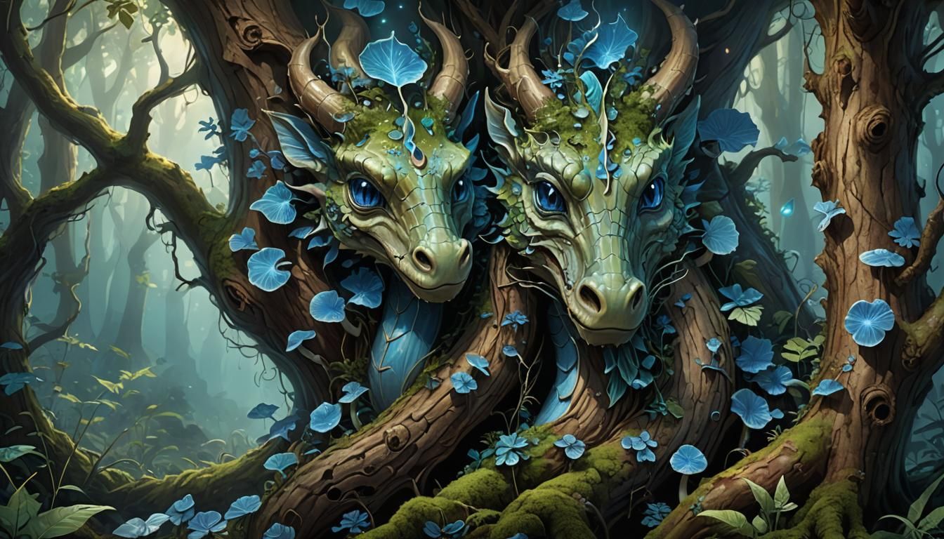 Dragon Tree in Enchanted Forest, Digital Illustration