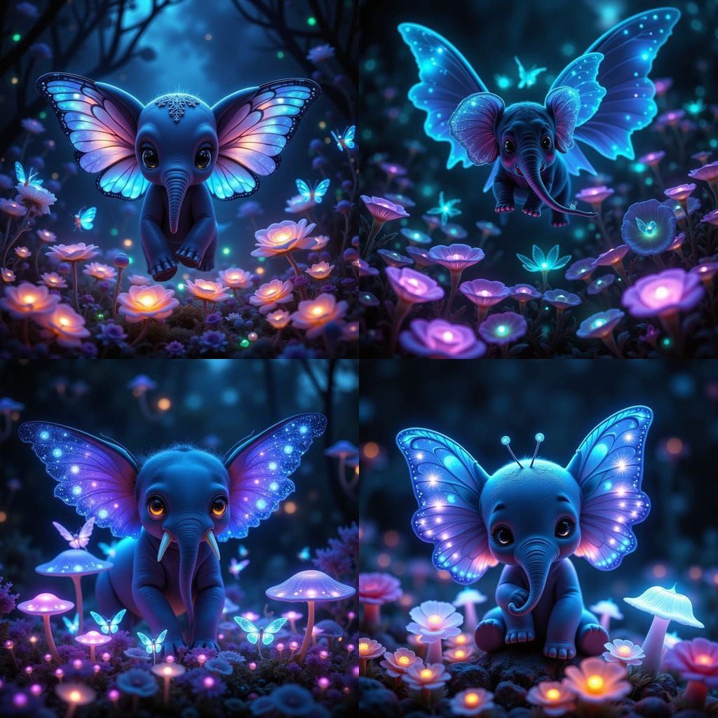 Fantasy Garden with Flying Elephant, Luminescent Art