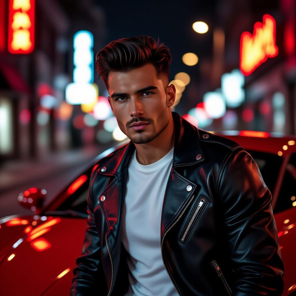 Man in Leather Jacket Poses by Red Sports Car