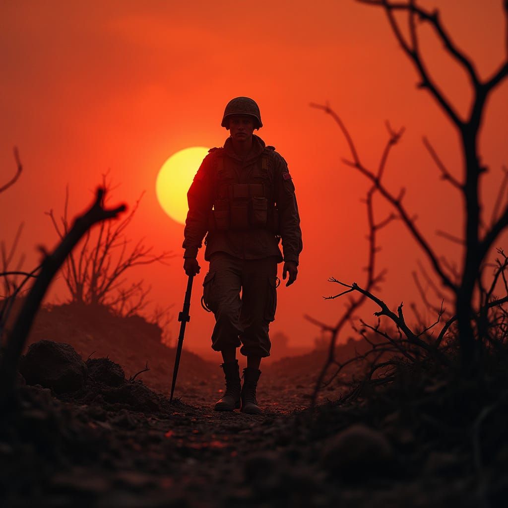 Silhouette of Soldier on Battlefield at Sunset
