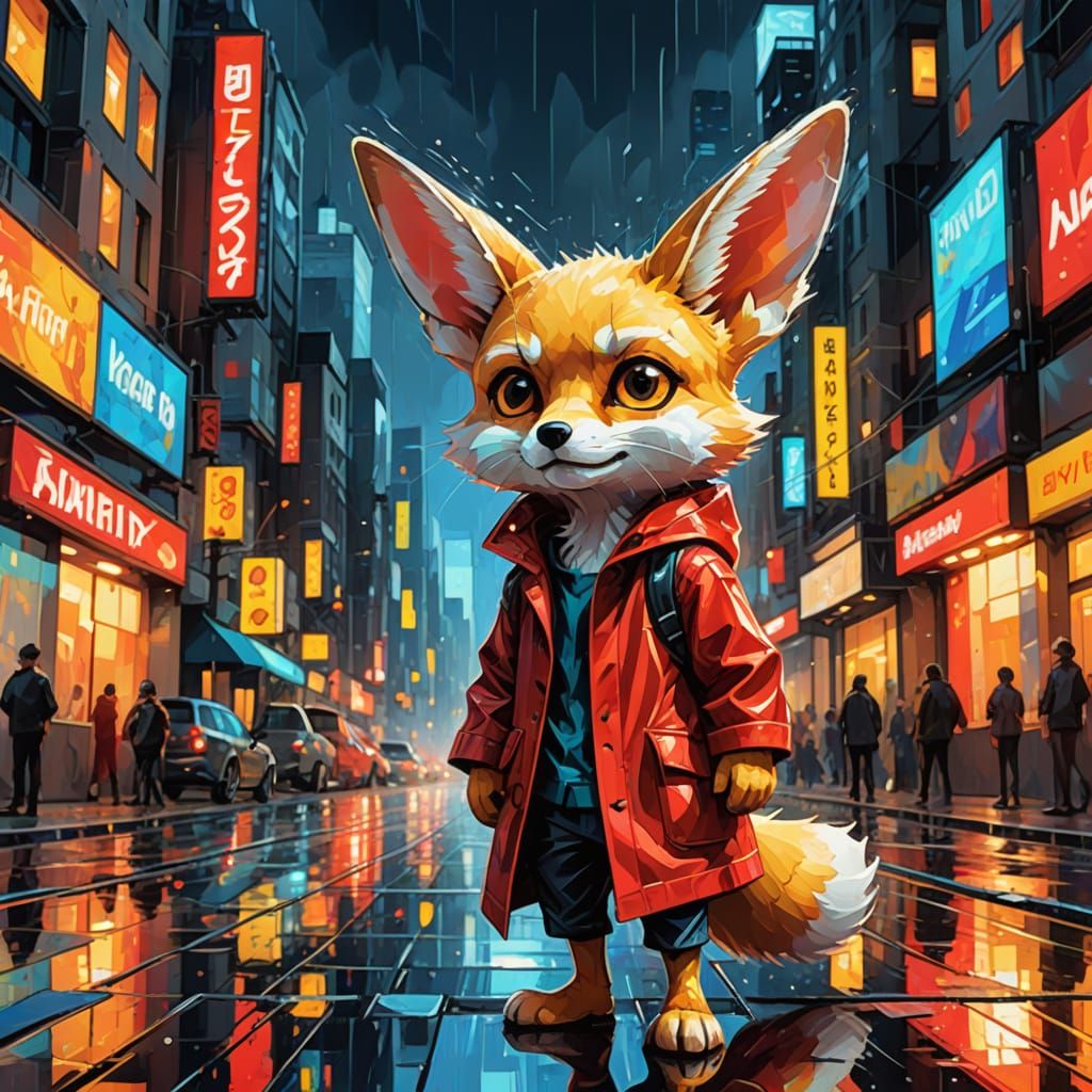 Vibrant Cityscape Fennec in Red Raincoat