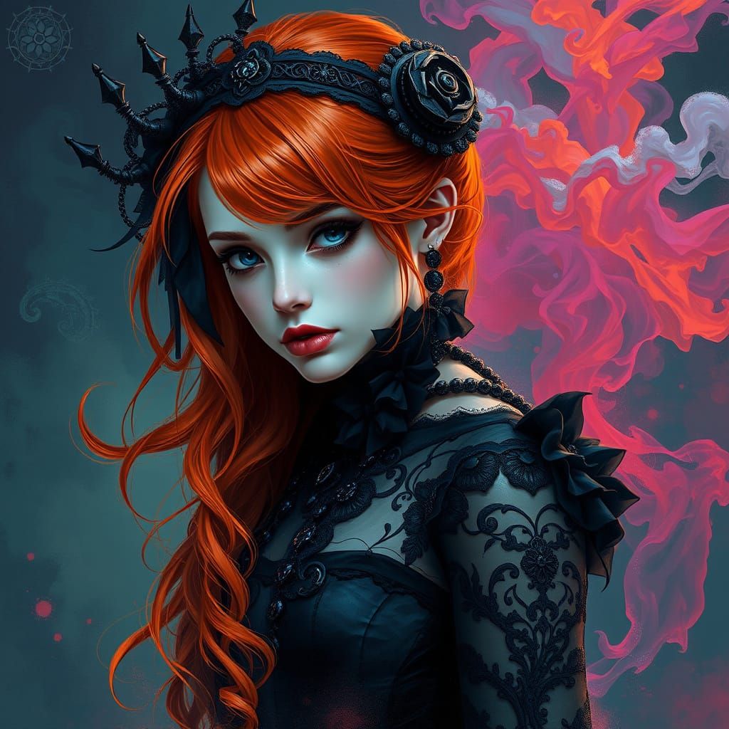 Melancholic Woman with Orange Hair in Gothic Style